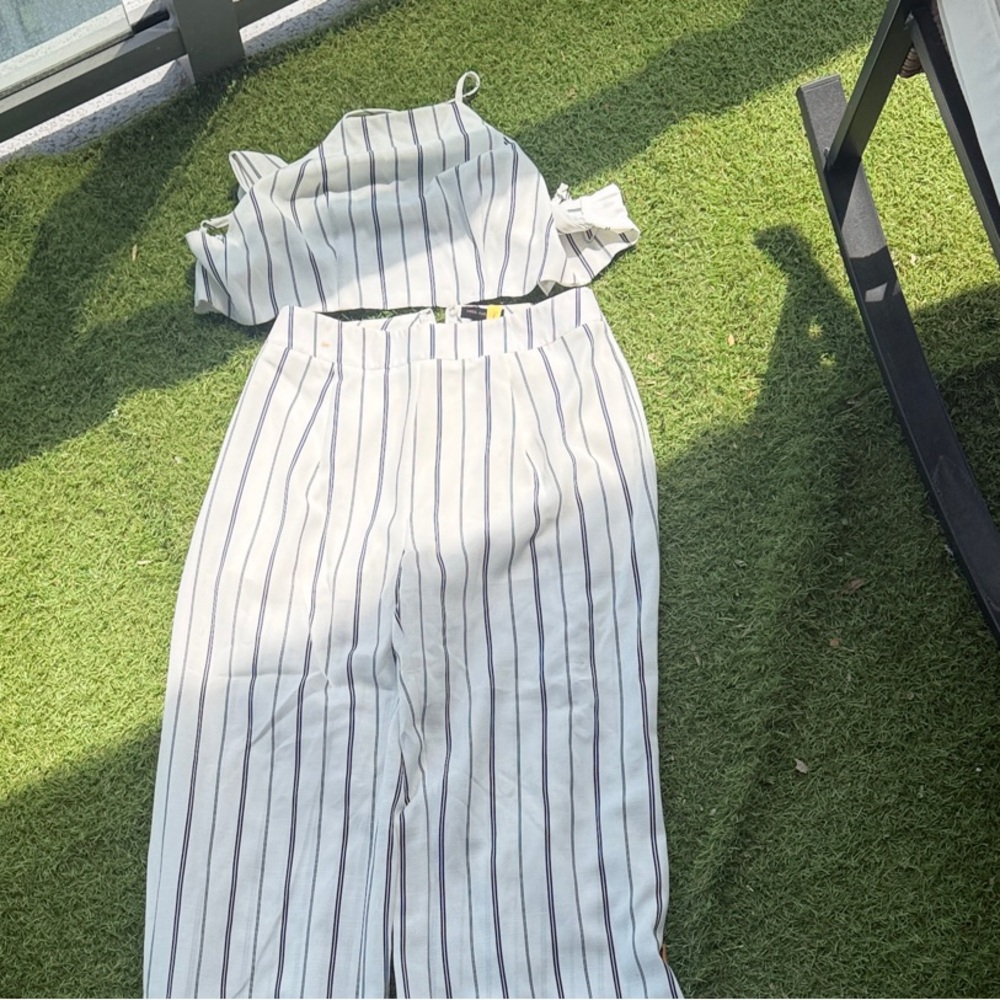Miss Avenue Cream Wide-Leg Pants and Napkin Top with Black Vertical Stripes